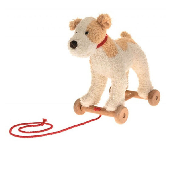 Plüschhund zum Ziehen von Egmont Toys auf Holzrahmen mit roten Schnur für Kinder