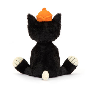 Rückansicht der Jellycat Plüschkatze 32 cm mit einem orangen Hut und weichen Pfoten