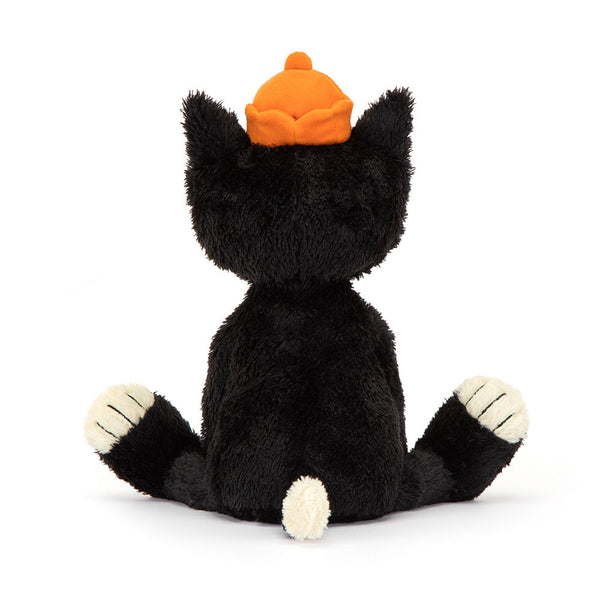 Rückansicht der Jellycat Plüschkatze 32 cm mit einem orangen Hut und weichen Pfoten