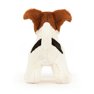 Jellycat Plüschterrier – Albert 18 cm Kuscheltier von hinten mit braunen und weißen Fellfarben