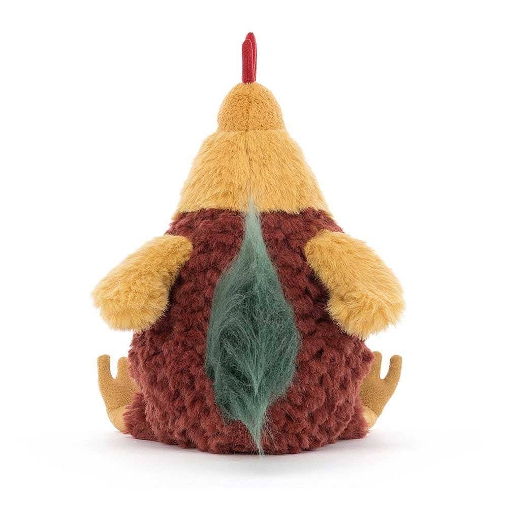 Jellycat Plüsch-Hahn 22 cm Stofftier mit weichem braun-gelbem Fell und grünem Schwanz