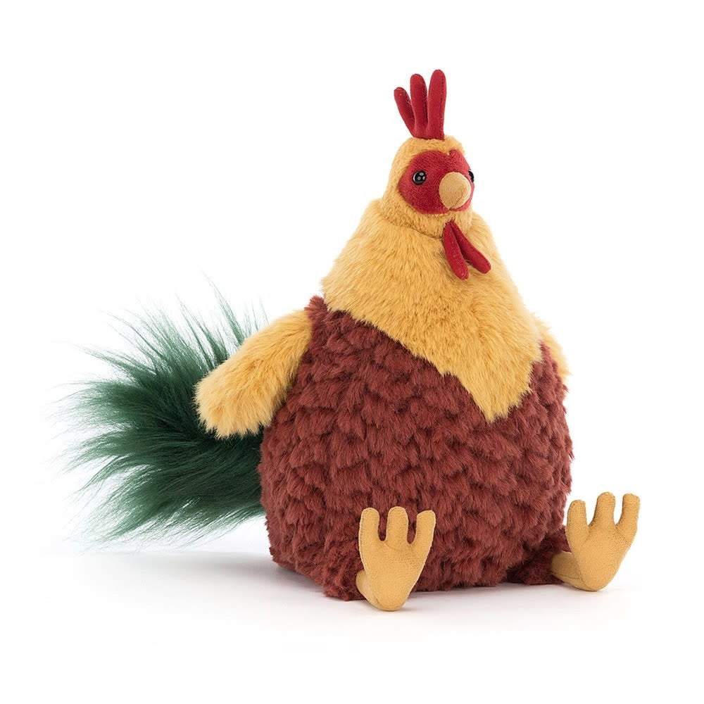 Jellycat Plüsch-Hahn 22 cm Stofftier mit weichem braun-gelbem Fell und grünem Schwanz