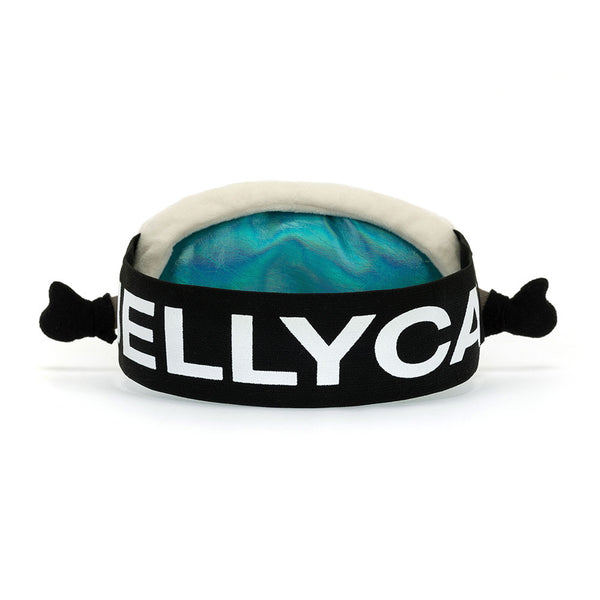 Plüsch Jolly Skibrille 17 cm von Jellycat in Schwarz mit weißem Schriftzug und blauem Innenteil