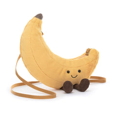Jellycat Plüsch-Umhängetasche Fröhliche Banane 22 cm in Gelb mit Gesicht und braunen Füßen