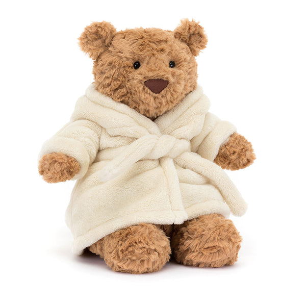 Jellycat Plüschbär – Bartholomäus im Bademantel 26 cm flauschiger brauner Teddybär mit cremeweißem Bademantel