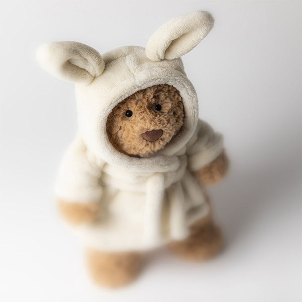 Jellycat Plüschbär – Bartholomäus im Bademantel 26 cm in beige mit Kapuze und Ohren