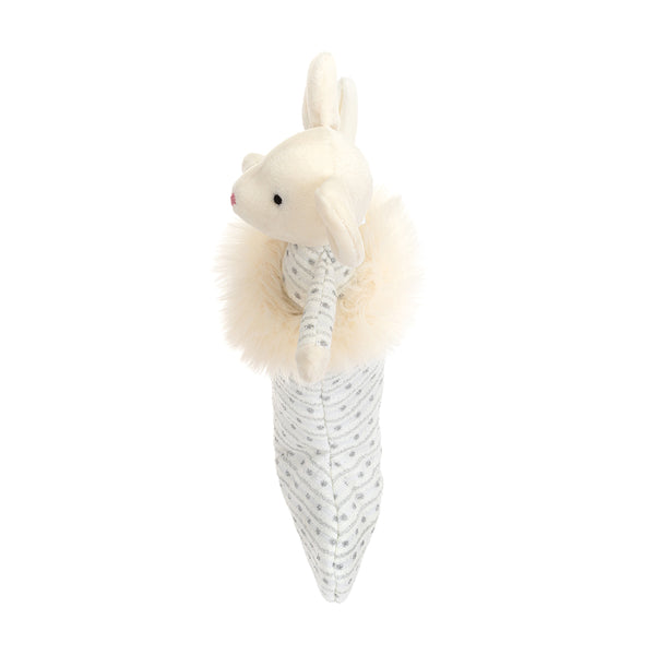 Jellycat Plüschmaus – Shimmer Stocking Mouse in weißem Glitzerstrumpf mit weichem Fellkragen