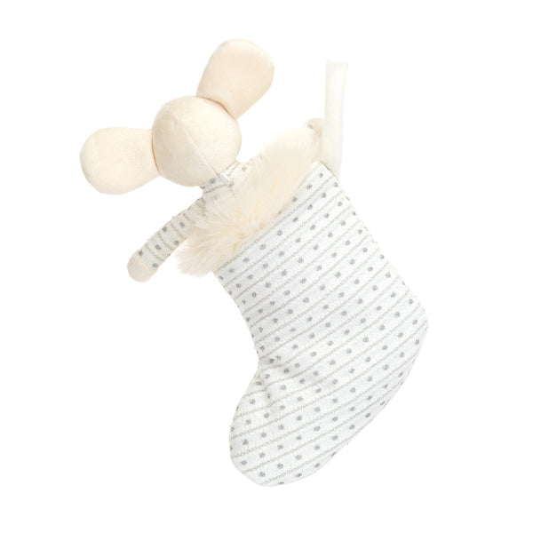 Jellycat Plüschmaus – Shimmer Stocking Mouse in weißem Weihnachtsstrumpf mit silbernen Punkten