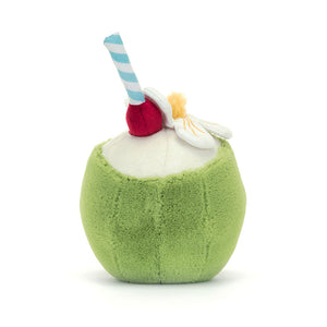 Jellycat Plüschtier Lustige Kokosnuss 15 cm grün mit Strohhalm und Blume aus weichem Stoff