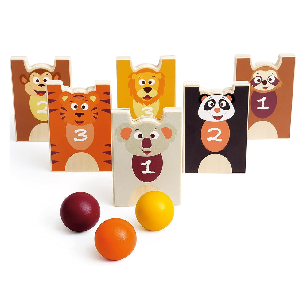 2-in-1-Spiel Pyramide und Holzkegel  – Wilde Tiere