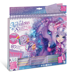 Großes Skizzenbuch mit Buntstiften, Schablonen und Aufklebern – Pferde, Größe L