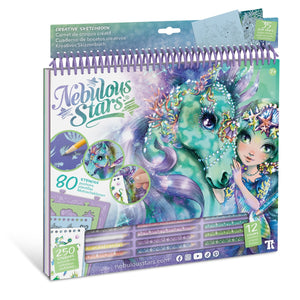 Großes Skizzenbuch mit Buntstiften, Schablonen und Aufklebern – Pferde Ariaz und Joyiaz, Größe L