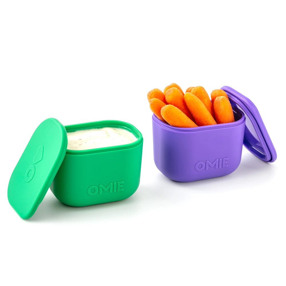 Zwei luftdichte Behälter für die Lunchbox OmieBox UP Dip – Purple Green