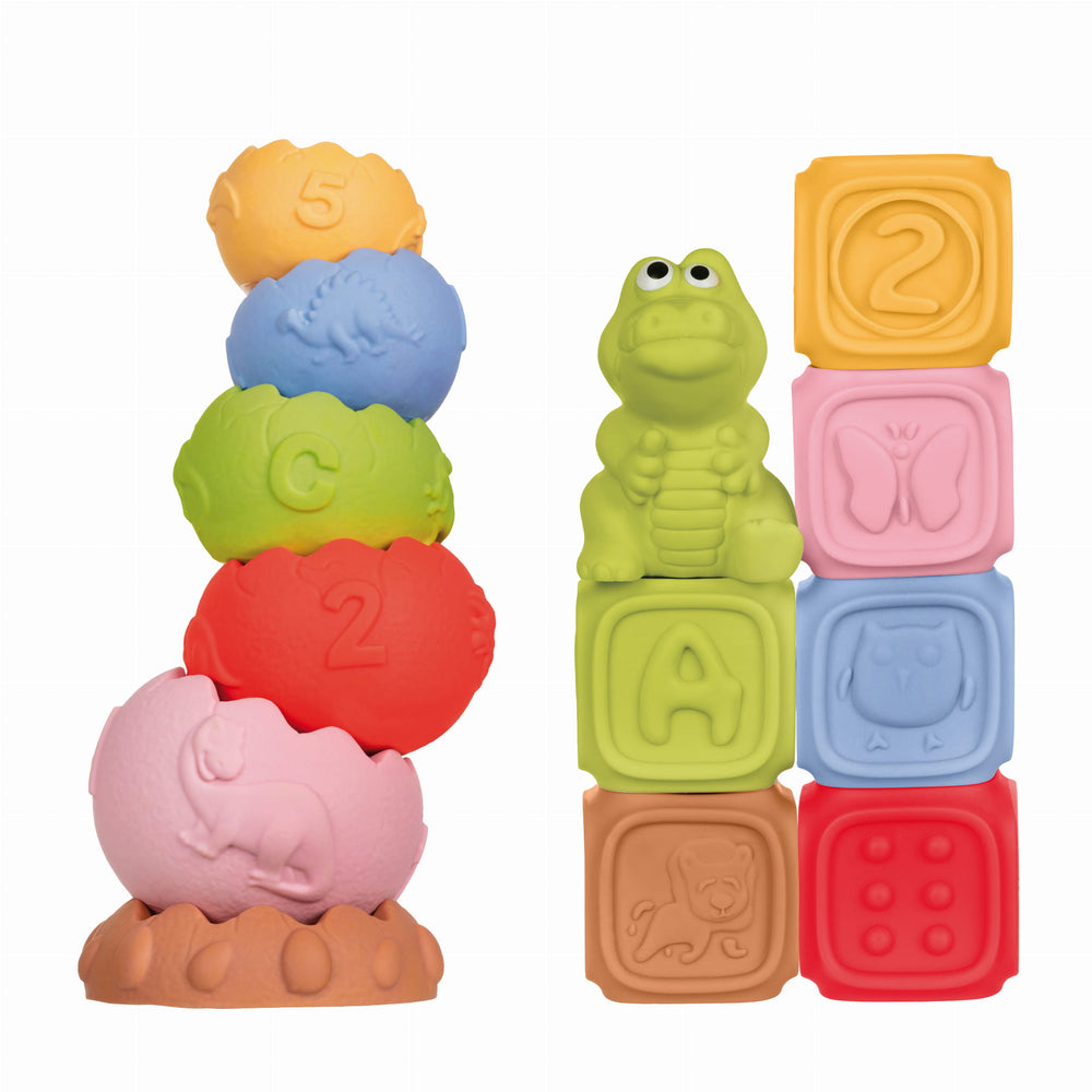 Sensorik-Bausteine Set Montessori 13-teilig mit Pyramide und Tieren