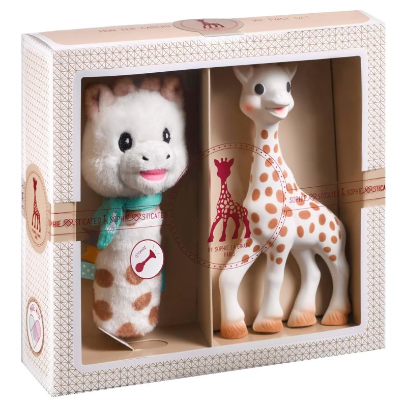 Geschenkset Sophie la girafe mit Plüschrassel