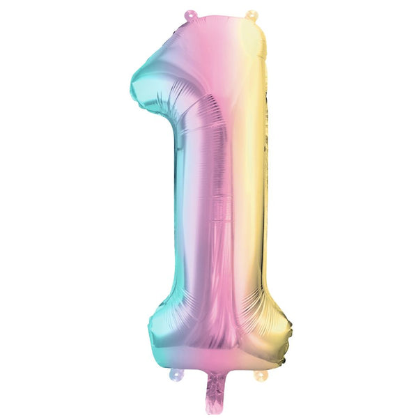 Folienschlauchballon Party Deco 86 cm – Zahl 1, pastellfarben, regenbogenfarben