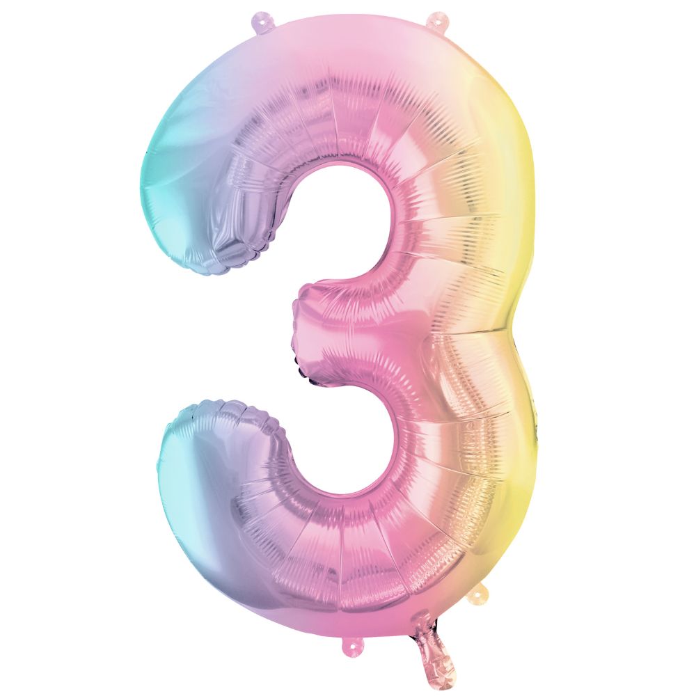 Folienballon 86 cm – Zahl 3 pastellfarben, regenbogenfarben