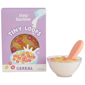 Magische Schüssel Tiny Tummies mit Löffel zum Füttern der Puppen Tiny Harlow – Frühstücksflocken