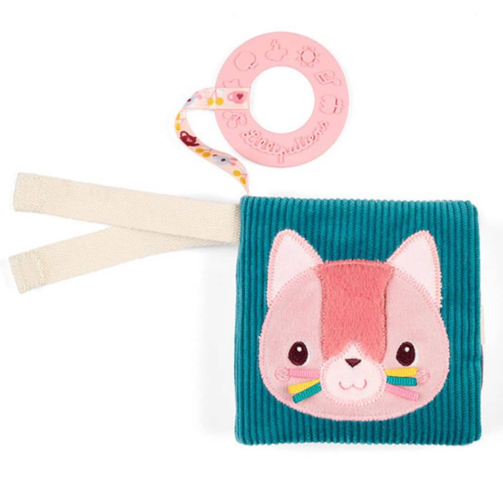 Weiches Multifunktions-Minibuch mit Silikon-Beißring – Jeanne, die Katze, ab 6 Monaten