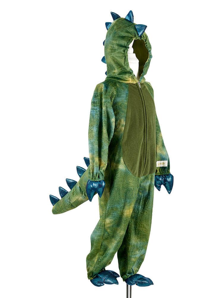Grüner Kigurumi-Overall Tyrannosaurus mit Kapuze, Rückenstacheln und Krallen