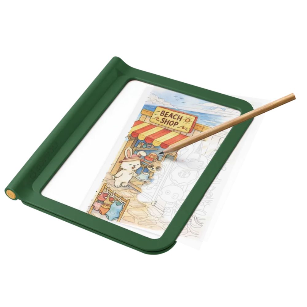 Kidydraw Pro Leuchttablett in Grün mit beleuchteter Cozy-Vorlage und Bleistift