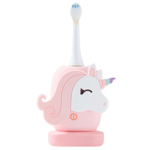 Kinder-Schallzahnbürste Einhorn von The Zoofamily auf der Ladestation, Vorderansicht