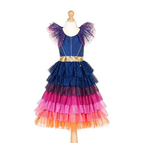 Mehrfarbiges Tüllkleid Dawn mit Rüschen in Dunkelblau, Pink und Orange auf einer Schneiderpuppe