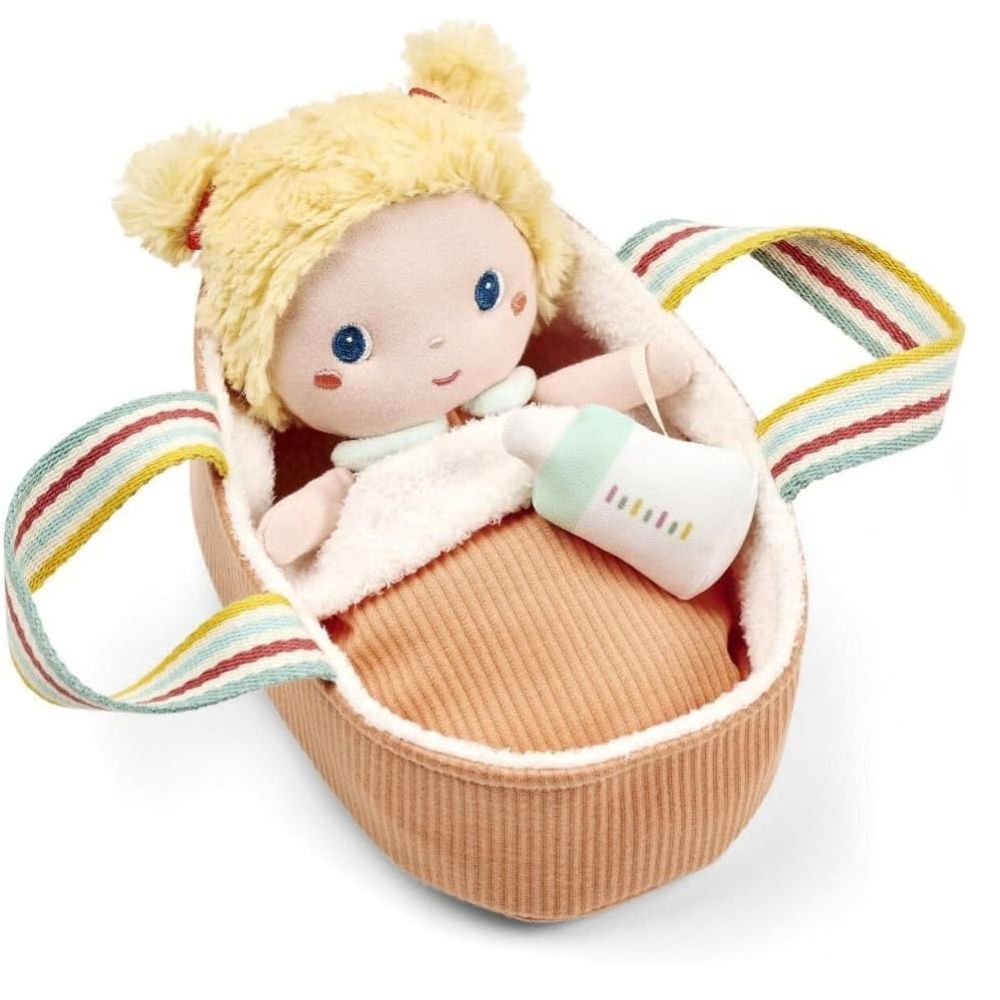 Babypuppe Méla von Lilliputiens im Tragekörbchen mit Fläschchen
