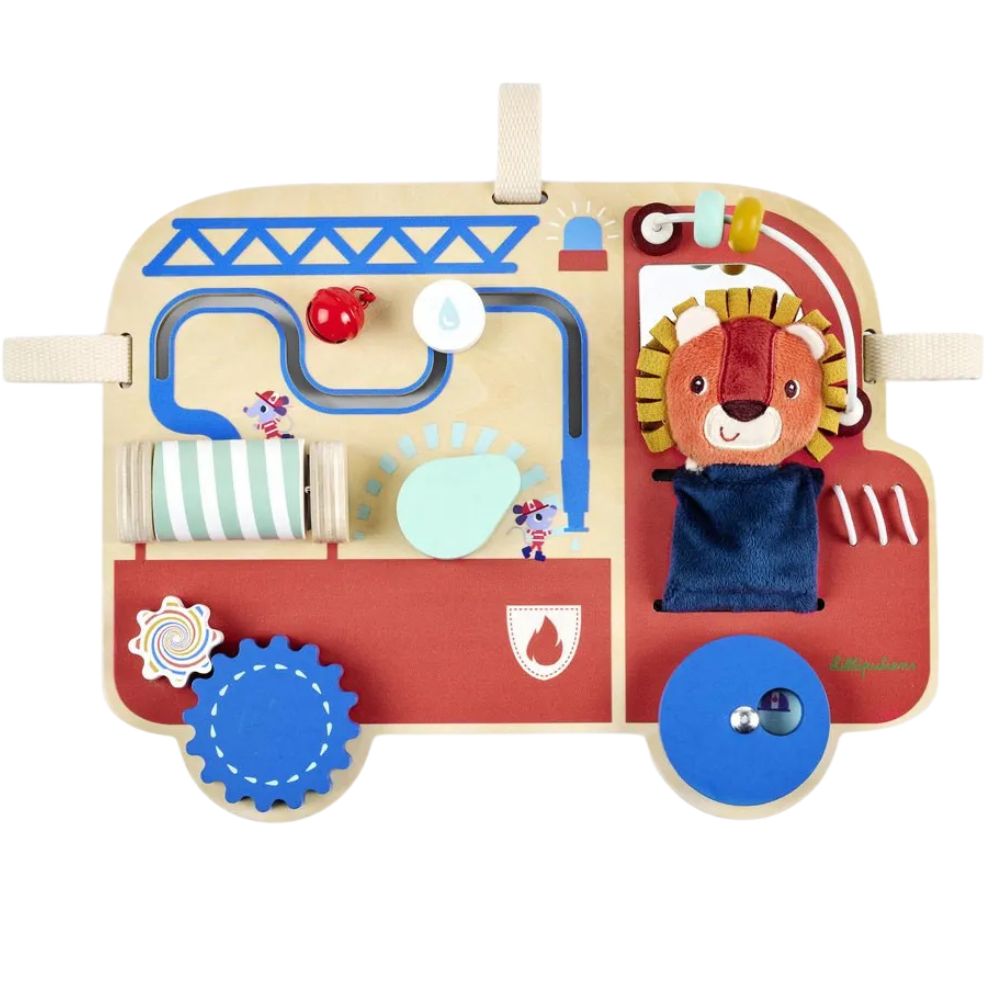 Activity-Board Feuerwehrauto mit Löwe Jack von Lilliputiens aus Holz