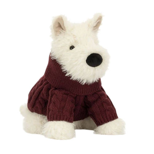 Jellycat Munro Scottie Dog - cremefarbener Plüsch-Terrier im bordeauxroten Pullover, 25 cm