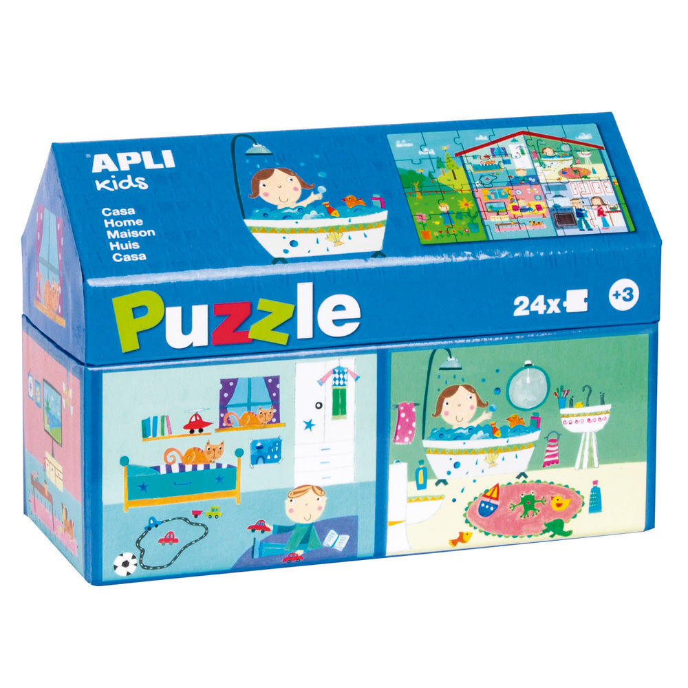 Puzzle in einem Kartonhaus – Zu Hause 3+