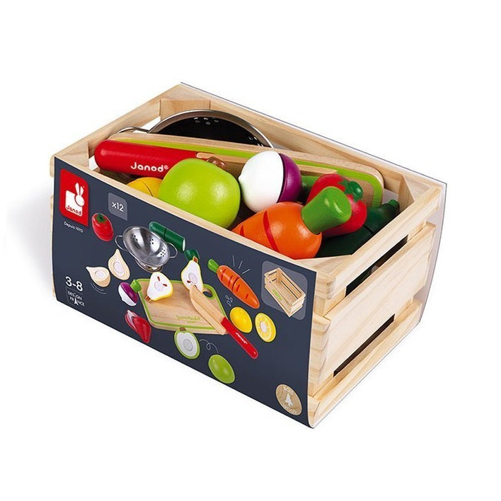 Holzkiste mit Obst und Gemüse zum Schneiden und 23 Zubehörteilen.