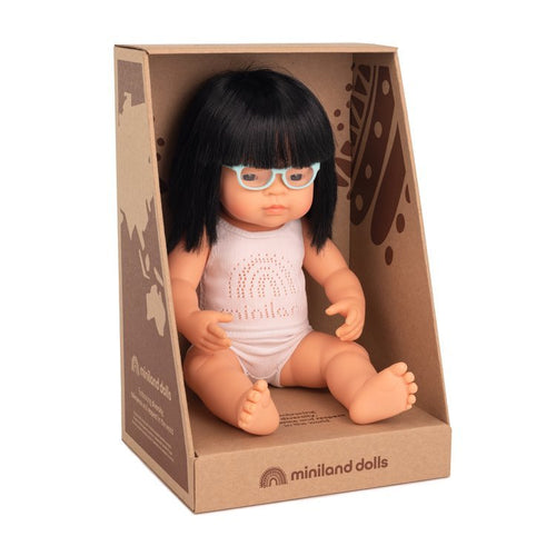 Puppe Mädchen Doll – Asiatin mit Brille 38 cm