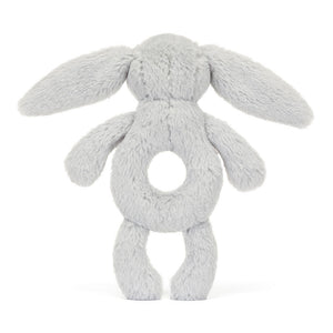 Jellycat weiche graue Rassel Hase Baby mit langen Ohren und ringförmigem Körper für Babys