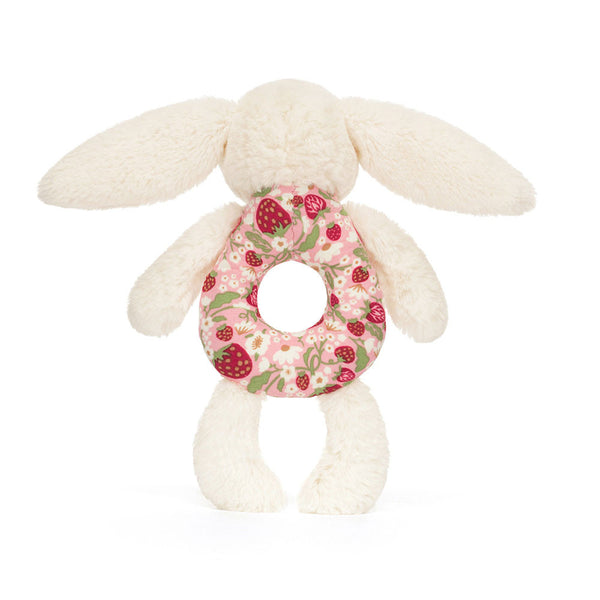 Jellycat Grzechotka Rassel Hase Berry 18 cm mit weichem Stoff und Erdbeermotiv rund