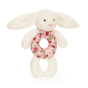 Jellycat Rassel Hase Berry 18 cm in Beige mit buntem Beerenmuster und weichem Plüsch