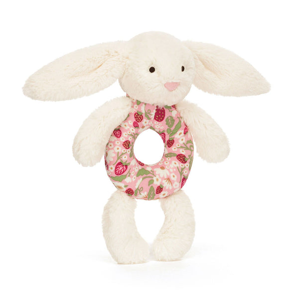 Jellycat Rassel Hase Berry 18 cm in Beige mit buntem Beerenmuster und weichem Plüsch