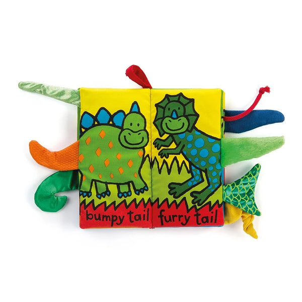 Sensorisches Buch – Dino Tails von Jellycat mit bunten Dinosauriermotiven und unterschiedlichen Texturen