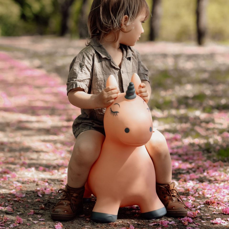 Springer Einhorn in Rosa mit schwarzem Horn und Hufen von Find that Hippo für Kinder