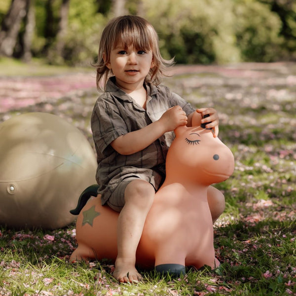 Kleines Kind sitzt auf einem rosafarbenen Springer Einhorn Spielzeug im Garten von Find that Hippo
