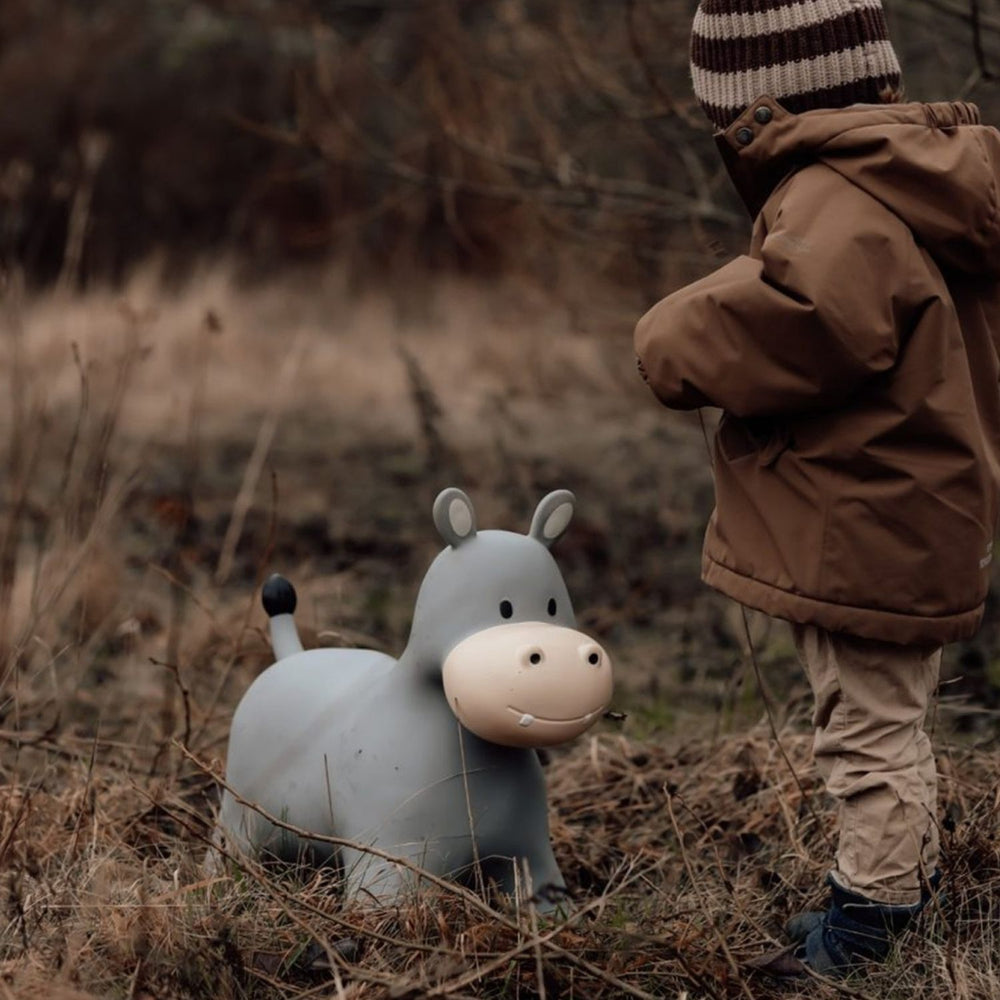 Springer Nilpferd Skoczek von Find that Hippo in Grau mit freundlichem Gesicht und robustem Design