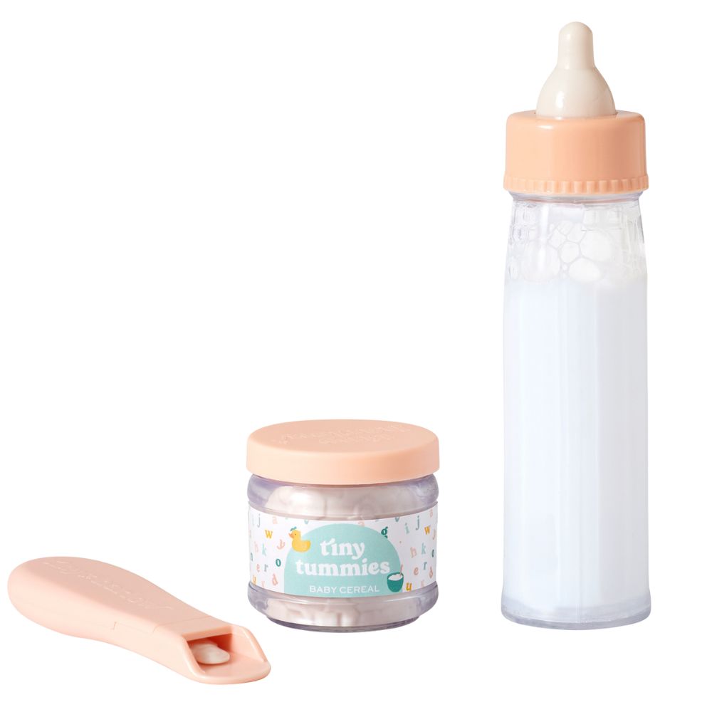 Tiny Tummies Set Babyspielzeug mit Flasche, Babynahrung und Löffel für Puppenliebhaber